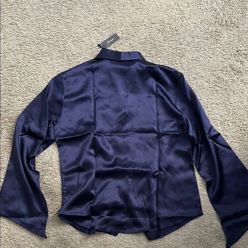 Luxurious Navy Blue 100% Silk Pajama Set with beautiful detailing - Picture 6 of 9